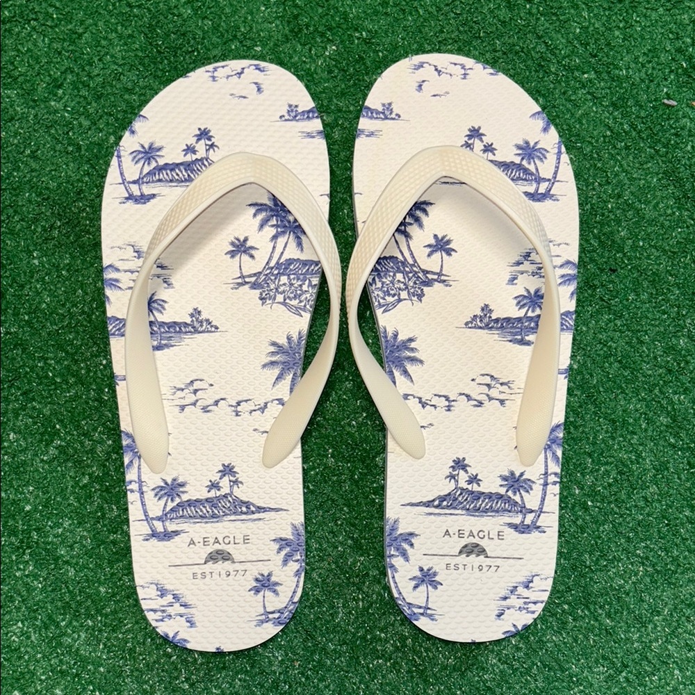 AE NWT White and Blue Flip Flops